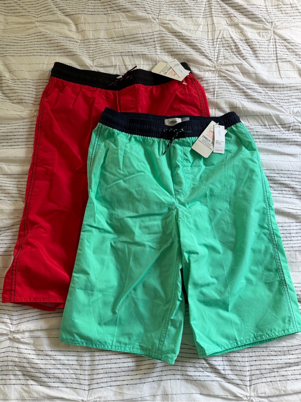 Old Navy Boys Swim Trunks in Red and Aqua with Black Waistband